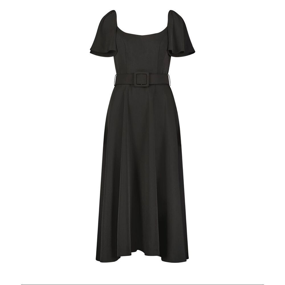 MacDuggal Size 8 Ruffle Sleeve Cocktail Dress Black Belted Midi style#20977 NWT